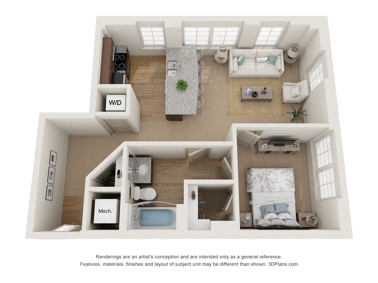 Floor plan for 1 bed, 1 bath, 704 sqft